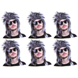 6x Mens Black/White Long Spiky Mullet Wig Bulk Pack - Bogan/Punk Rock Costume for 80s Party