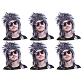 6x Mens Black/White Long Spiky Mullet Wig Bulk Pack - Bogan/Punk Rock Costume for 80s Party