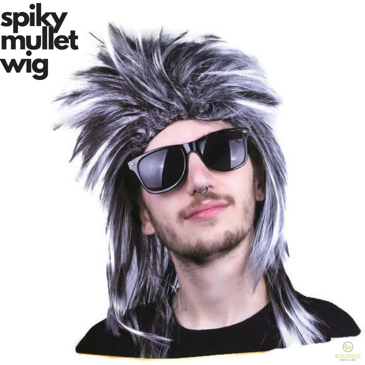 Mens Black/White Long Spiky Mullet Wig - Bogan/Punk Rock Costume for 80s Party