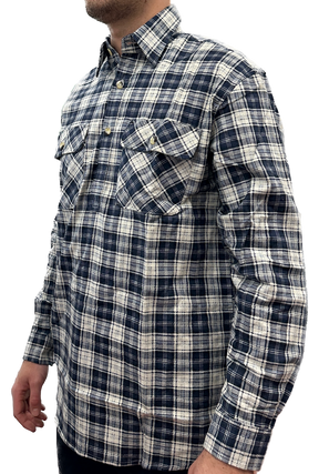 Mens 100% Cotton Long Sleeve Flannelette Pullover Shirt - Half Placket - Navy/Beige Check
