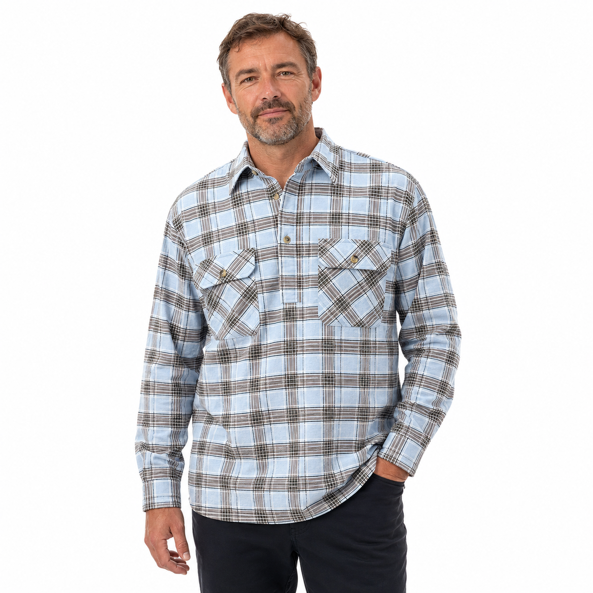 Jacksmith Mens 100% Cotton Long Sleeve Flannelette Pullover Shirt - Sky Blue/Grey Check (Half Placket)