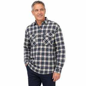 Jacksmith Mens 100% Cotton Long Sleeve Flannelette Pullover Shirt - Navy/Beige Check (Half Placket)