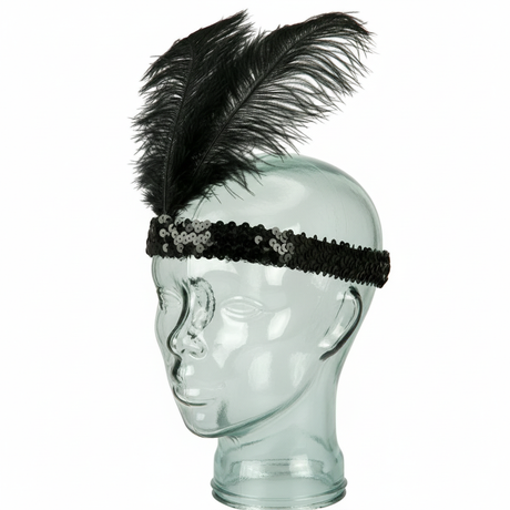 1920s Black Flapper Headband w/ Feather & Sequins - Gatsby/Charleston Costume