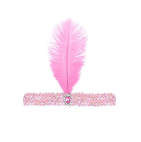 1920s Light Pink Flapper Headband w/ Feather & Sequins - Gatsby/Charleston Costume