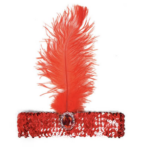 1920s Red Flapper Headband w/ Feather & Sequins - Gatsby/Charleston Costume