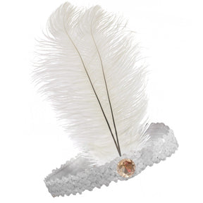 1920s White Flapper Headband w/ Feather & Sequins - Gatsby/Charleston Costume