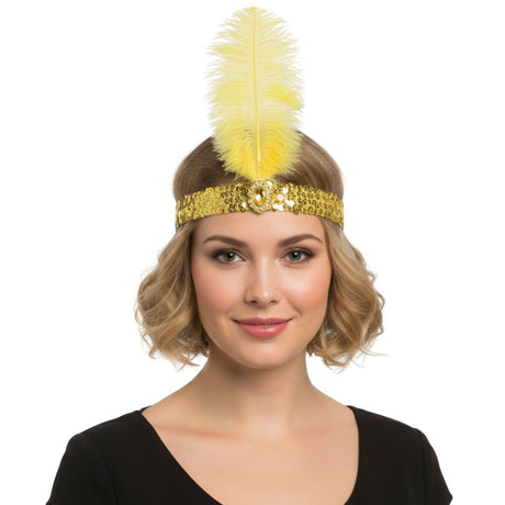 1920s Yellow Flapper Headband w/ Feather & Sequins - Gatsby/Charleston Costume