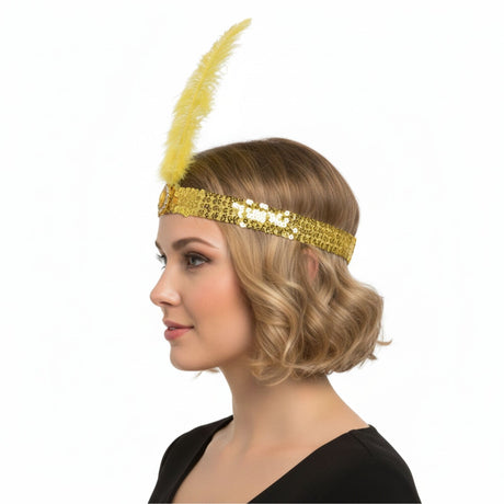 1920s Yellow Flapper Headband w/ Feather & Sequins - Gatsby/Charleston Costume