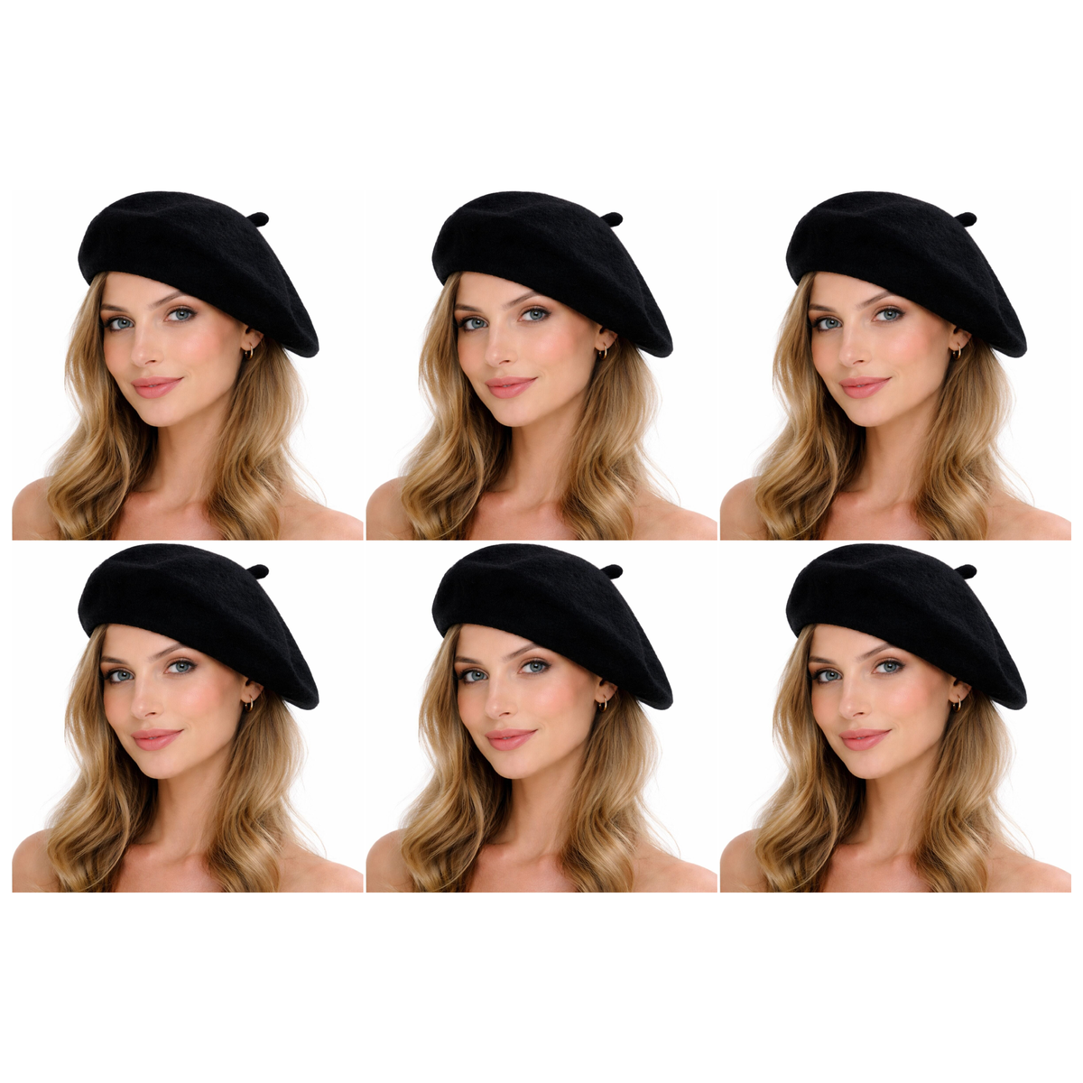 6x Black French Beret Hat Bulk Pack - Unisex Military Style Winter Cap