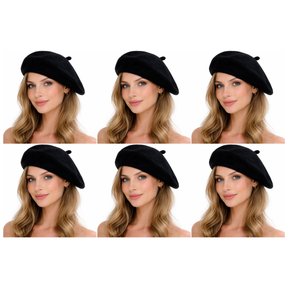 6x Black French Beret Hat Bulk Pack - Unisex Military Style Winter Cap