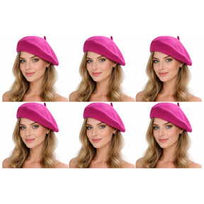 6x Pink French Beret Hat Bulk Pack - Unisex Warm Winter Cap