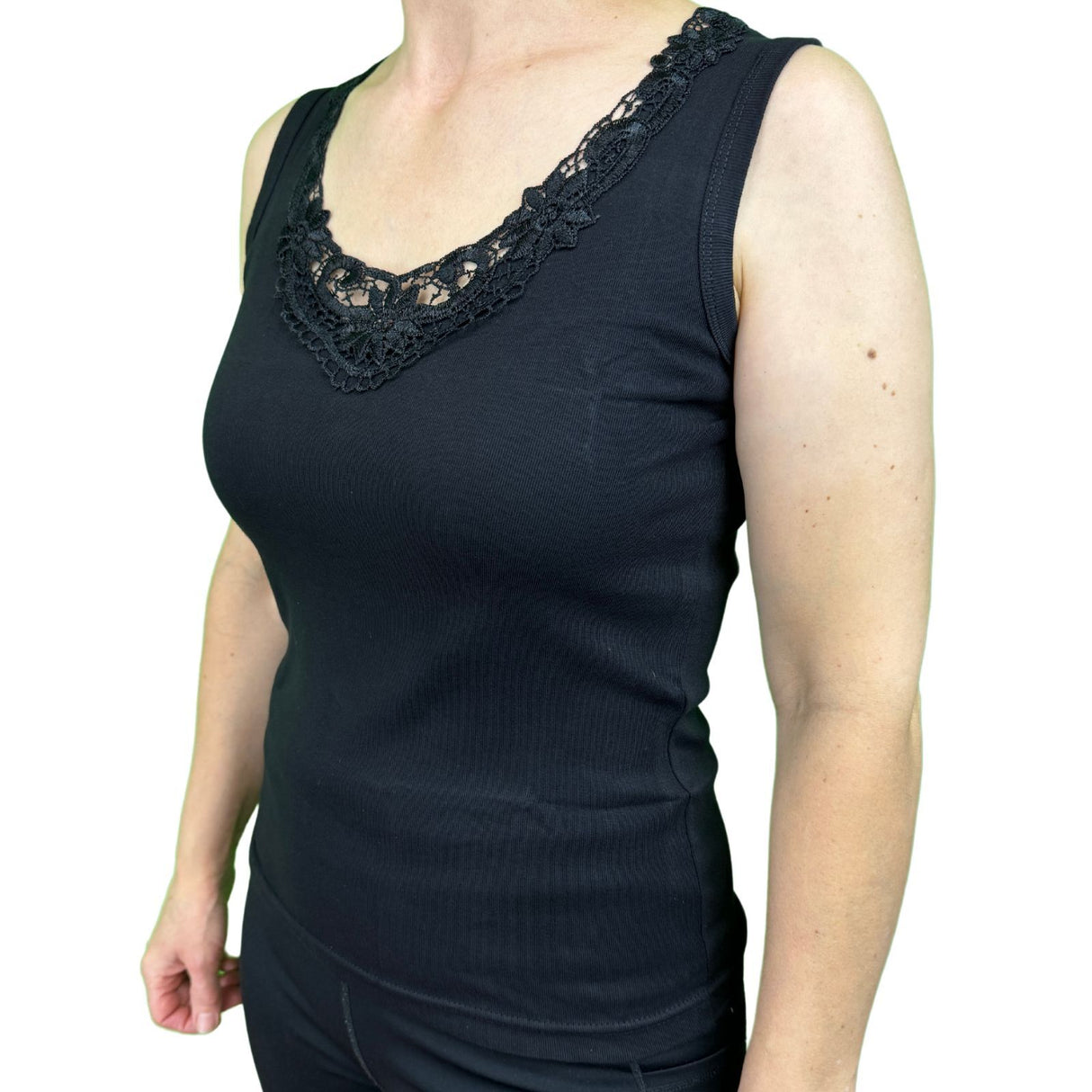 Ladies Sleeveless Singlet Top Womens Summer Basic Tank Shirt Lace Motif Front - Black