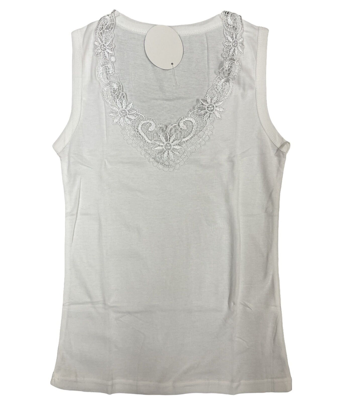 Womens Sleeveless Singlet Tank Top - Natural (Summer Basic Shirt w/ Lace Motif Front)