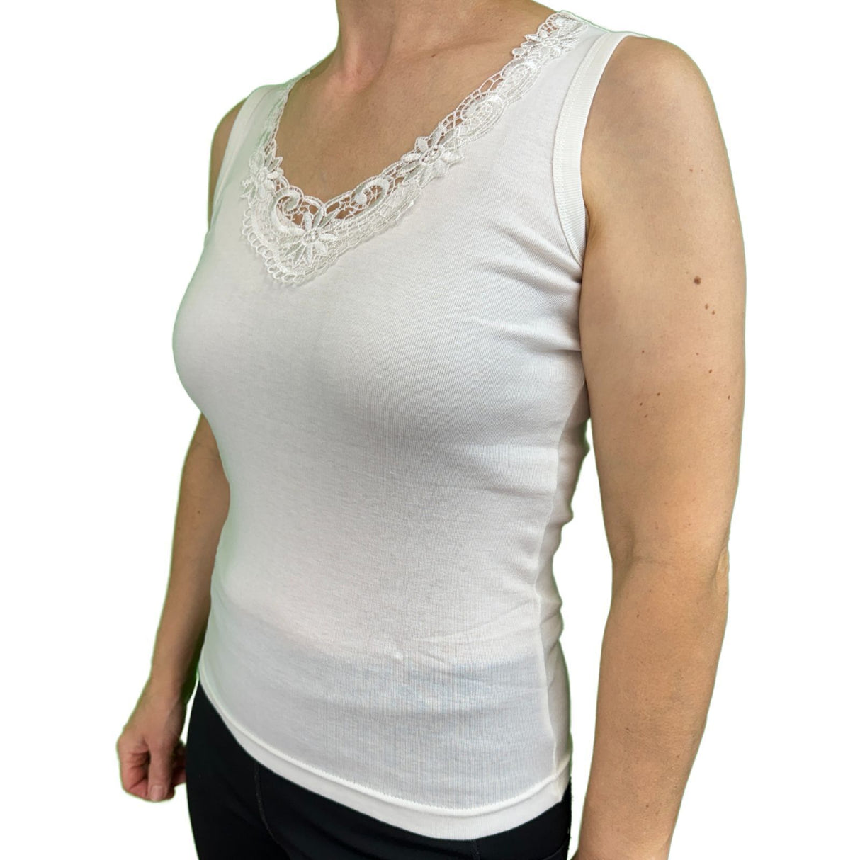 Womens Sleeveless Singlet Tank Top - Natural (Summer Basic Shirt w/ Lace Motif Front)