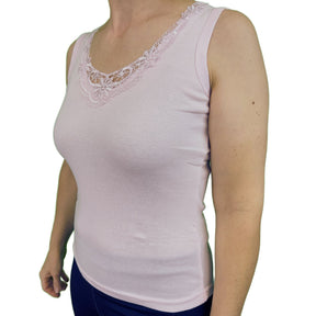 Womens Sleeveless Singlet Tank Top - Summer Basic Shirt w/ Lace Motif Front - Pink