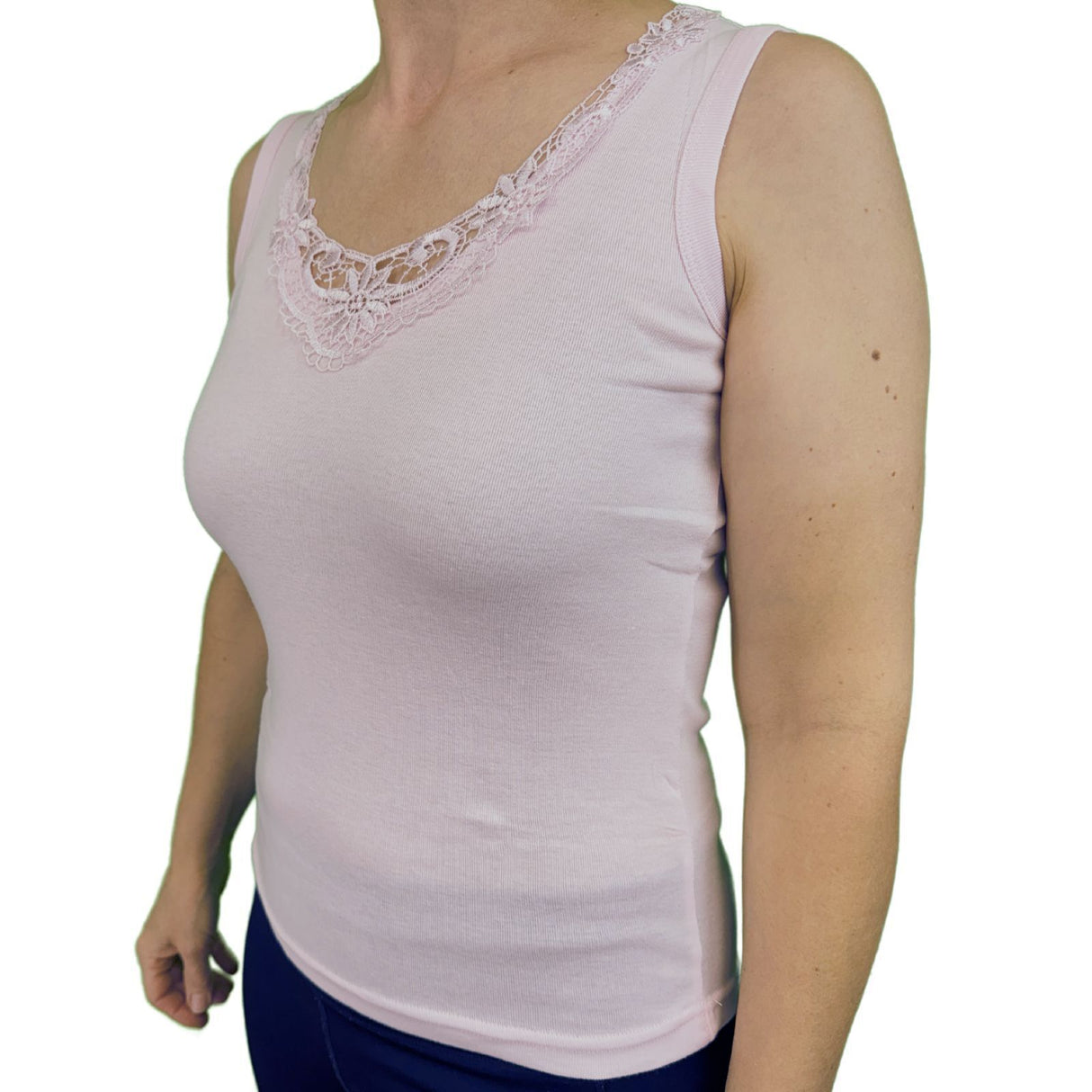 Womens Sleeveless Singlet Tank Top - Pink (Summer Basic Shirt w/ Lace Motif Front)