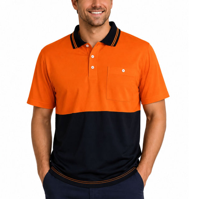 HI VIS Safety Polo Shirt Short Sleeve Micro Mesh Workwear UPF 50+ - Orange/Navy - 5XL (28)