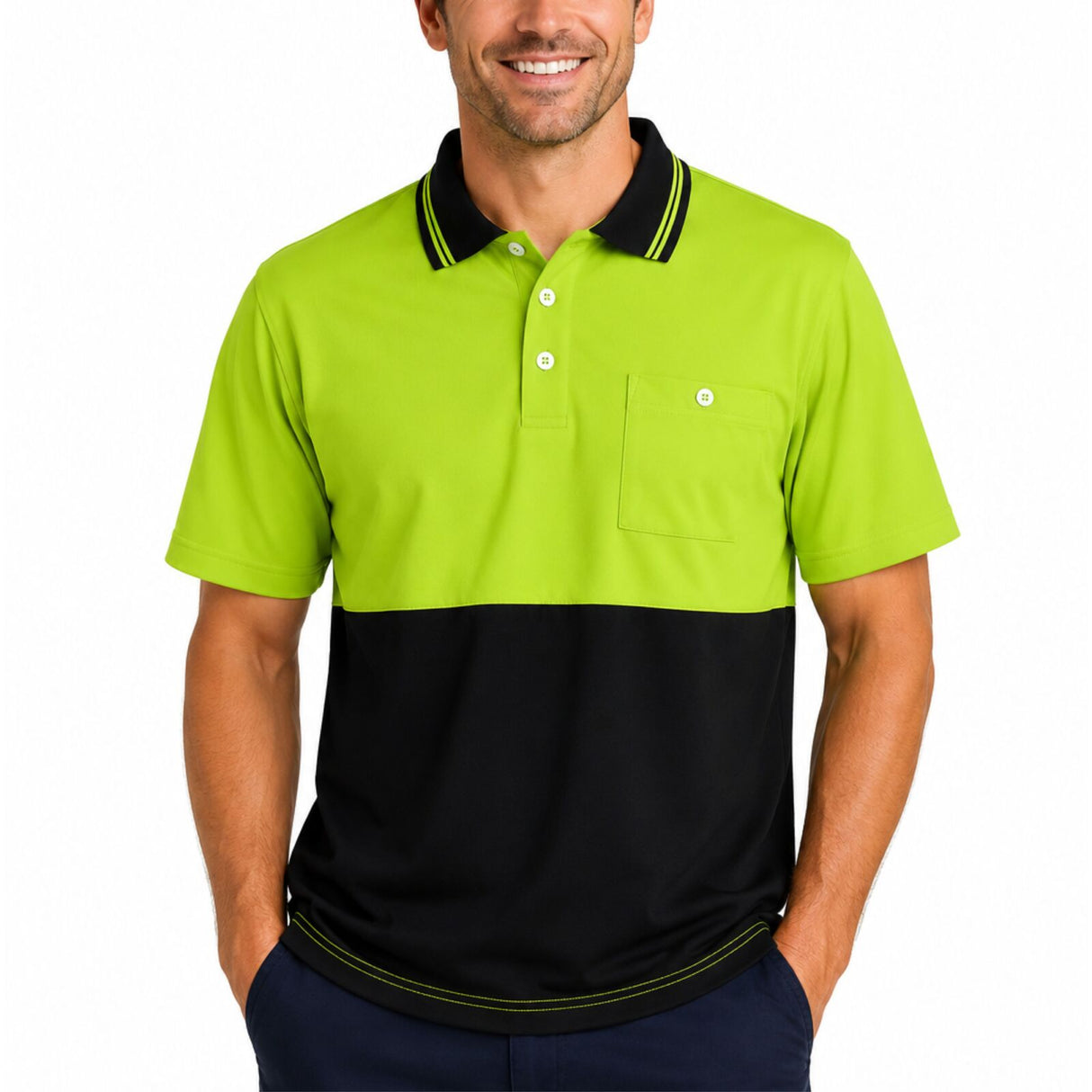 HI VIS Short Sleeve Polo Shirt - Yellow/Navy (High Visibility Fluro Safety Workwear)