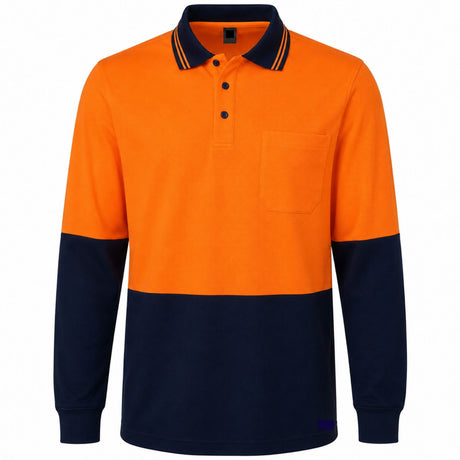 HI VIS Long Sleeve Polo Shirt - Orange (High Visibility Fluro Safety Workwear)