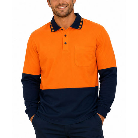 HI VIS Long Sleeve Polo Shirt - Orange (High Visibility Fluro Safety Workwear)