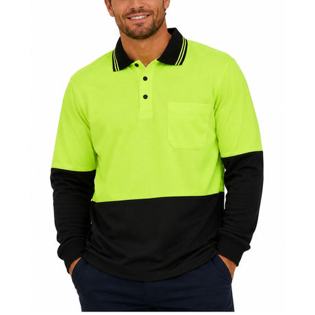 HI VIS Long Sleeve Polo Shirt - Yellow (High Visibility Fluro Safety Workwear)
