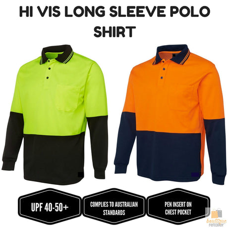 HI VIS LONG SLEEVE POLO SHIRT Top Safety Workwear Fluro Breathable Dry WB - Orange