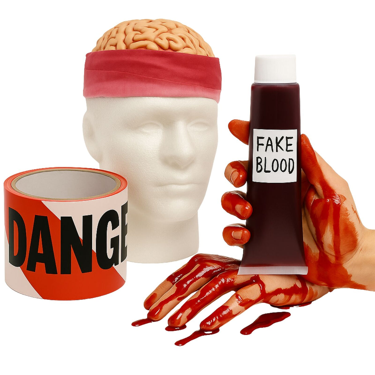 3pc Halloween Costume Set Zombie Brain Skull Cap + Fake Blood Gel & Danger Tape 