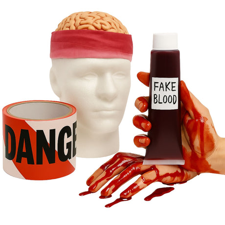 3pc Halloween Costume Set Zombie Brain Skull Cap + Fake Blood Gel & Danger Tape 