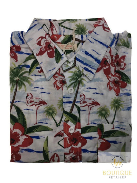 Mens Oahu Hawaiian Party Shirt Button Hippie Tops Short Sleeve Beach Holiday - Flamingo Feeding (1421)