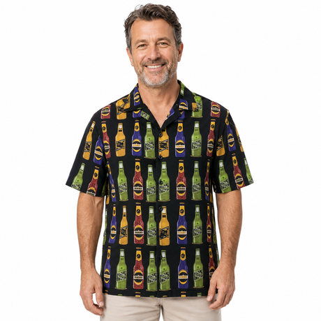 Mens Oahu Hawaiian Short Sleeve Shirt - Beer Bottles (Button Up Beach Holiday Party Top)