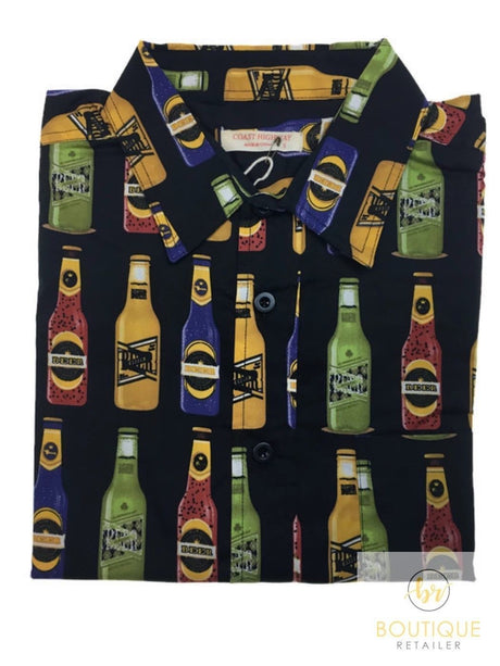 Mens Oahu Hawaiian Party Shirt Button Hippie Tops Short Sleeve Beach Holiday - Flamingo On Shore (0498)