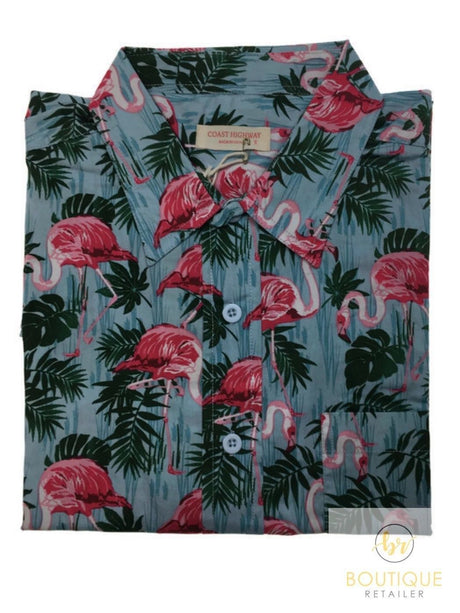 Mens Oahu Hawaiian Party Shirt Button Hippie Tops Short Sleeve Beach Holiday - Garden Flamingo (1423)