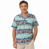 Mens Oahu Hawaiian Short Sleeve Shirt - Flamingo On Shore (Button Up Beach Holiday Party Top)