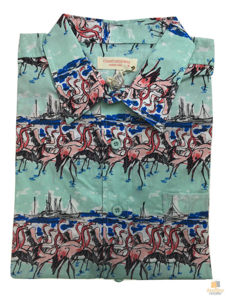 Mens Oahu Hawaiian Party Shirt Button Hippie Tops Short Sleeve Beach Holiday - Garden Flamingo (1423)