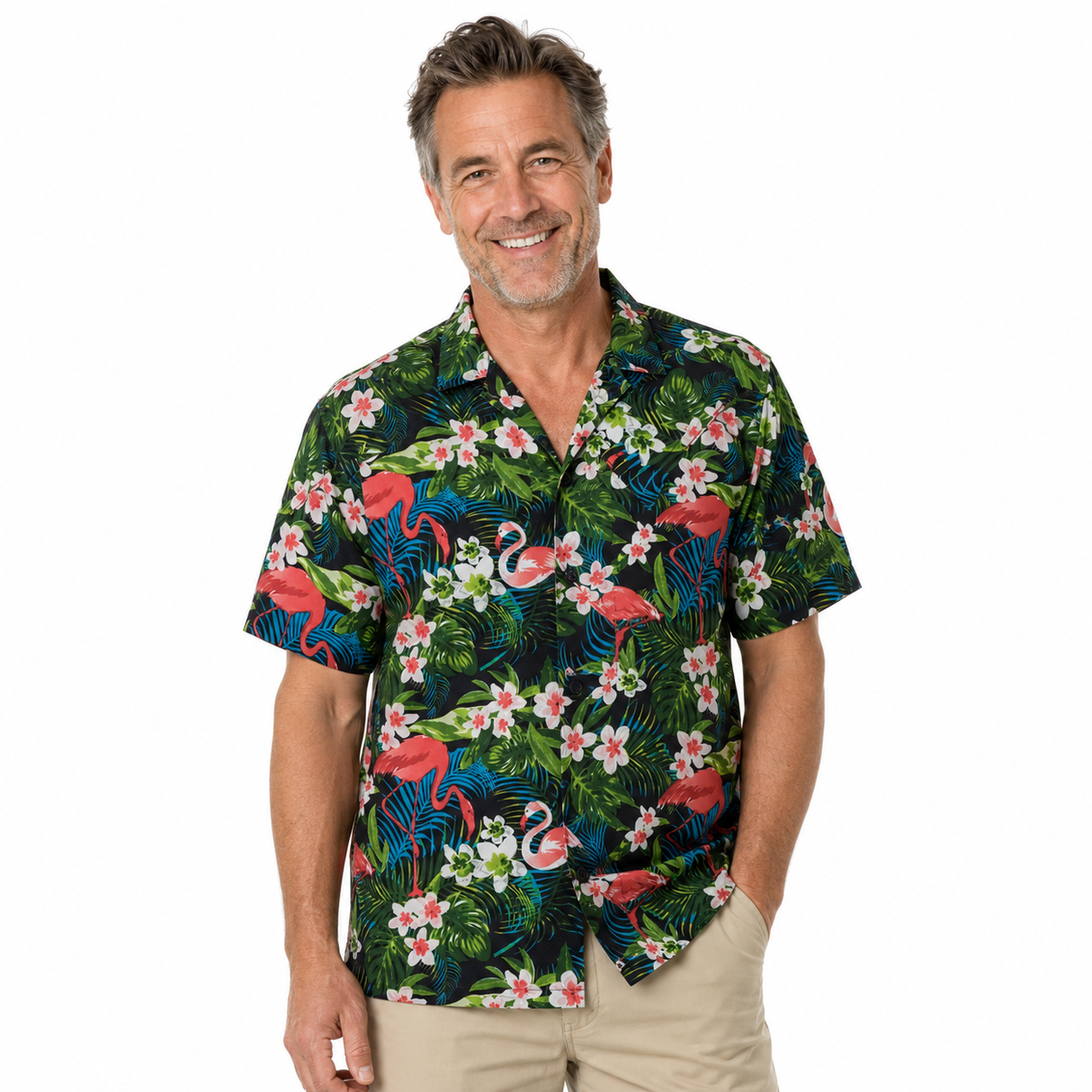 Mens Oahu Hawaiian Short Sleeve Shirt - Garden Flamingo (Button Up Beach Holiday Party Top)