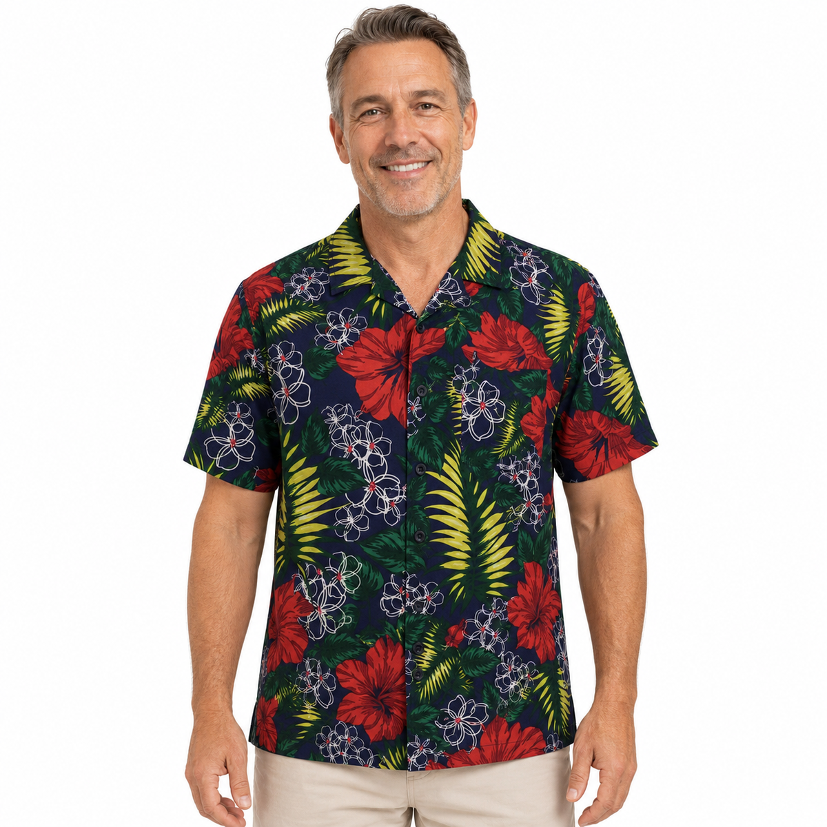 Mens Oahu Hawaiian Short Sleeve Shirt - Hibiscus Flower (Button Up Beach Holiday Party Top)
