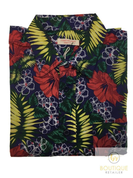 Mens Oahu Hawaiian Party Shirt Button Hippie Tops Short Sleeve Beach Holiday - Hibiscus Flower (1421) - M