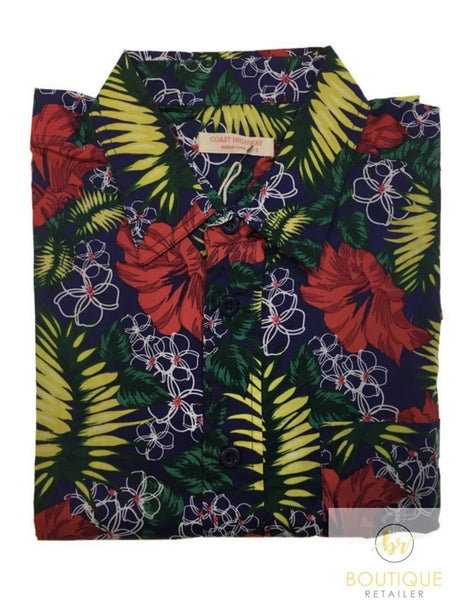 Mens Oahu Hawaiian Party Shirt Button Hippie Tops Short Sleeve Beach Holiday - Vintage Car (1425)