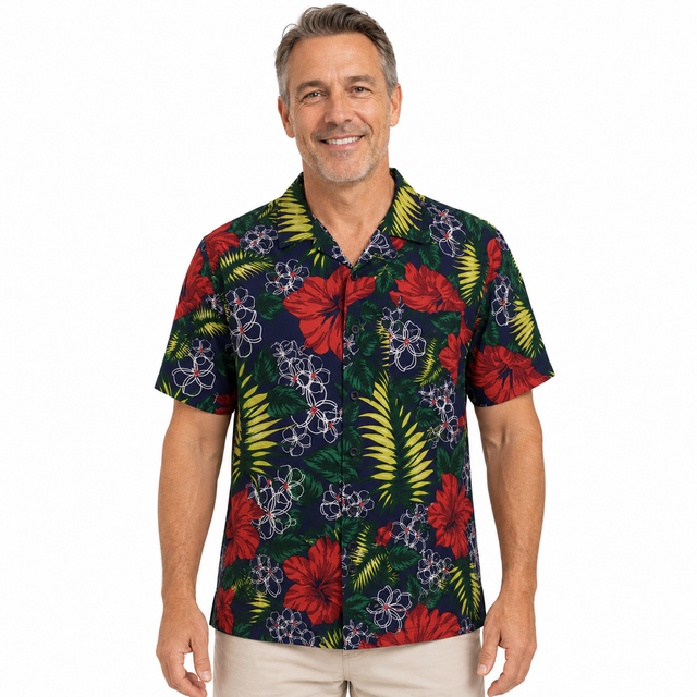 Mens Oahu Hawaiian Short Sleeve Shirt - Hibiscus Flower (Button Up Beach Holiday Party Top)