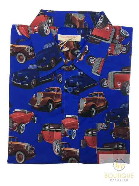 Mens Oahu Hawaiian Short Sleeve Shirt - Vintage Car (Button Up Beach Holiday Party Top)
