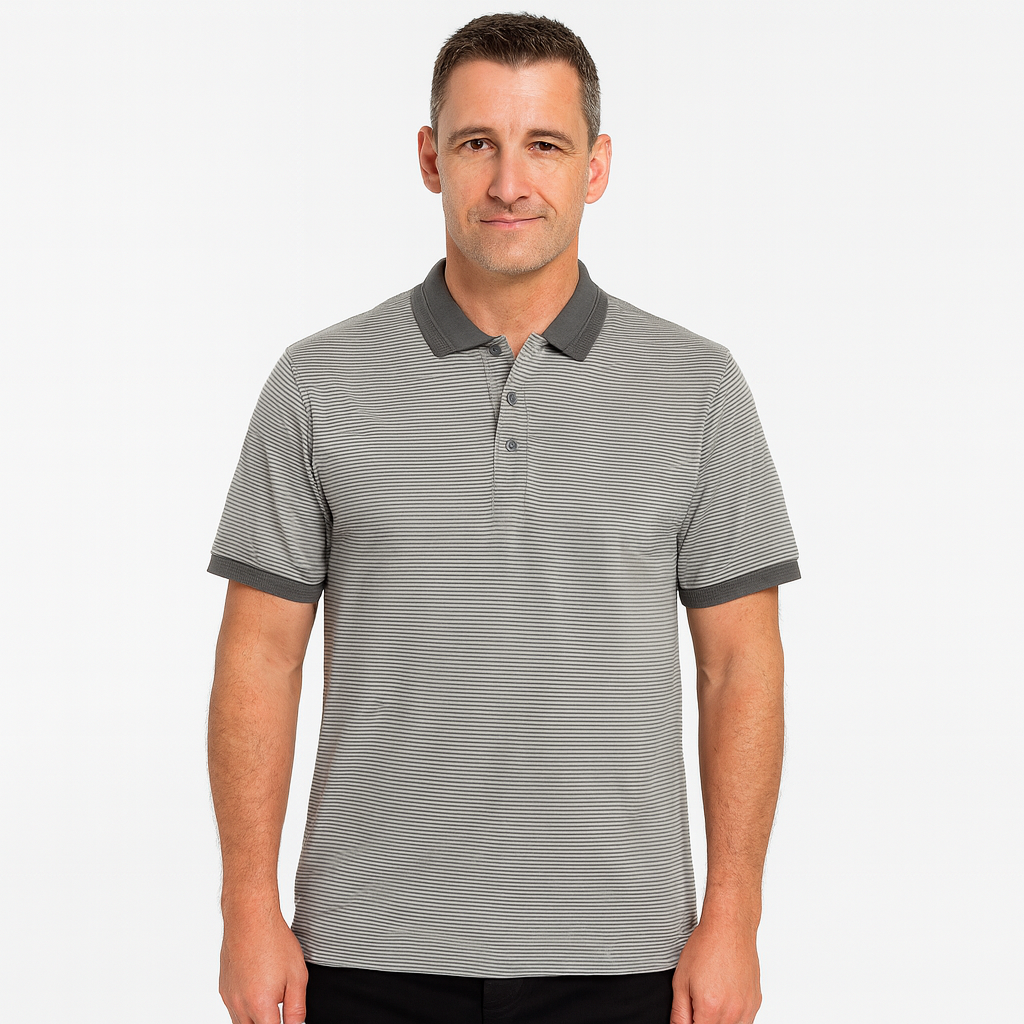 The Standard Mens Striped Short Sleeve Polo Shirt - Charcoal/Light Grey - M (Loose Fit)