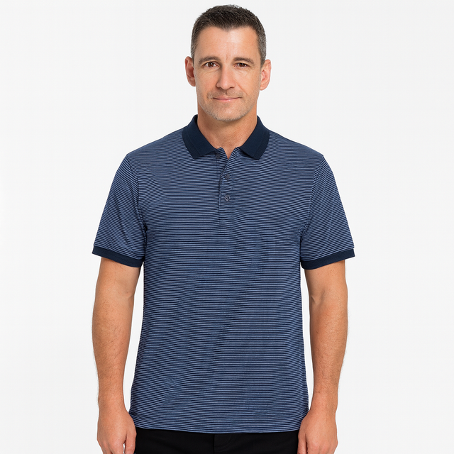 Short Sleeve Polo Shirt Top Short Sleeve Quality Loose Fit Adults Striped - Navy/Storm - M