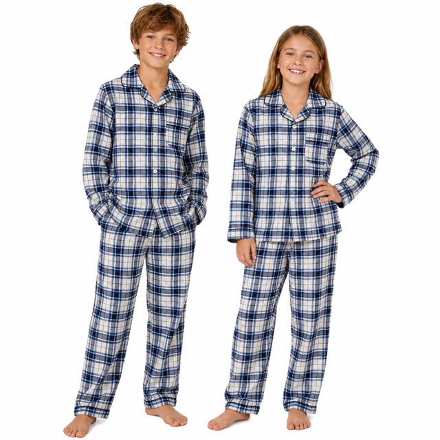 Kids Flannelette Pyjamas 100% Cotton Winter PJ Set - Black/Blue/White Check - 10