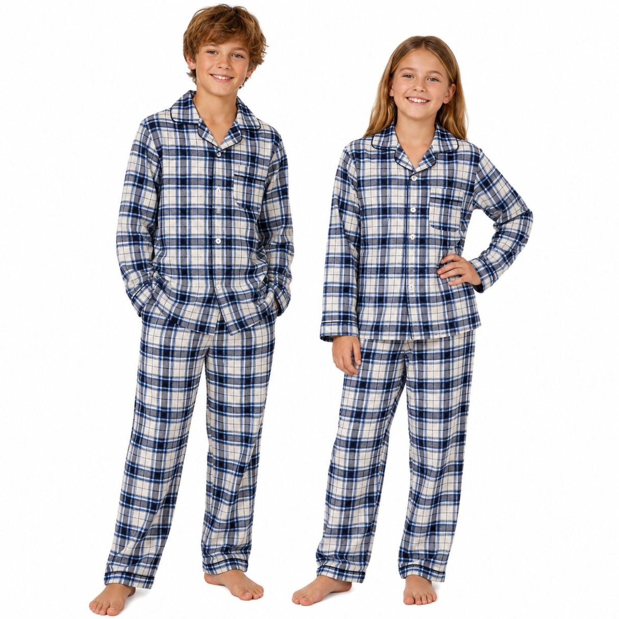 Kids 100% Cotton Flannelette Pyjamas - Black/Blue/White (Boys/Girls Winter PJ Set)