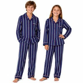 Kids Flannelette Pyjamas 100% Cotton Winter PJ Set - Blue/Navy/White/Red Stripe - 10