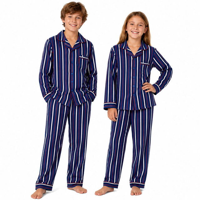 Kids Flannelette Pyjamas 100% Cotton Winter PJ Set - Blue/Navy/White/Red Stripe - 10