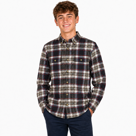 Kids Long Sleeve Flannelette Shirt - Grey/Blue Check (Boys Classic Vintage Flannel)
