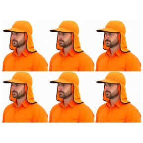 6x Fluro Orange Hi Vis Legionnaire Hat Bulk Pack - High Visibility Sun Protection Cap (One Size)