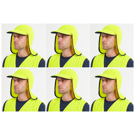 6x Fluro Yellow Hi Vis Legionnaire Hat Bulk Pack - High Visibility Sun Protection Cap (One Size)