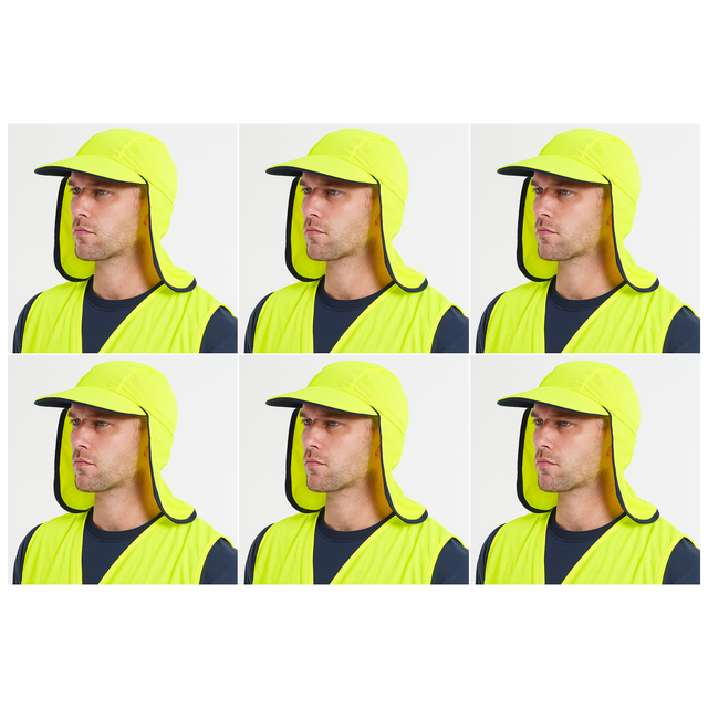 6x Fluro Yellow Hi Vis Legionnaire Hat Bulk Pack - High Visibility Sun Protection Cap (One Size)